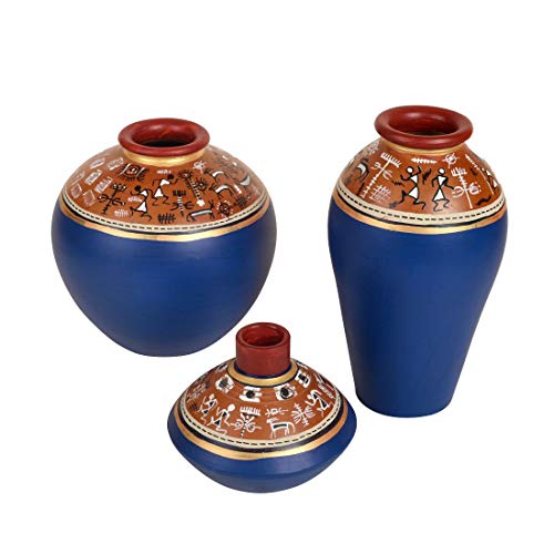 Image of Aakriti Art Creations Exotic Warli Vases Set of 3 in Blue | Handmade Terracotta Flower Vases | Matte Finish Warli Art Decorative Vases for Living Room, Table Decor & Gifting