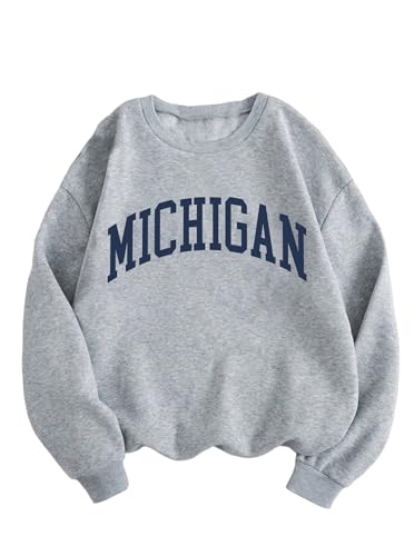 Hilinker Womens Graphic Crewneck Sweatshirts Cute Pullover Casual Loose Long Sleeve Tops Grey MICHIGAN Small