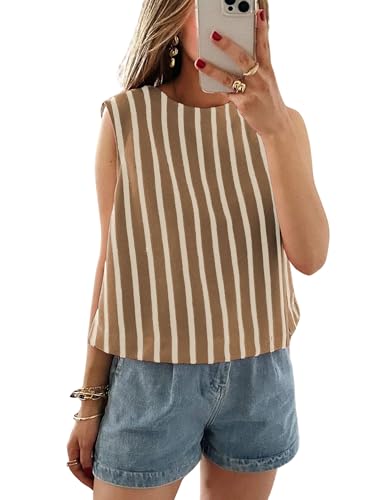Xiaoxuemeng Womens Striped Top Sleeveless Cotton Tank Top Crewneck Casual Summer Vests