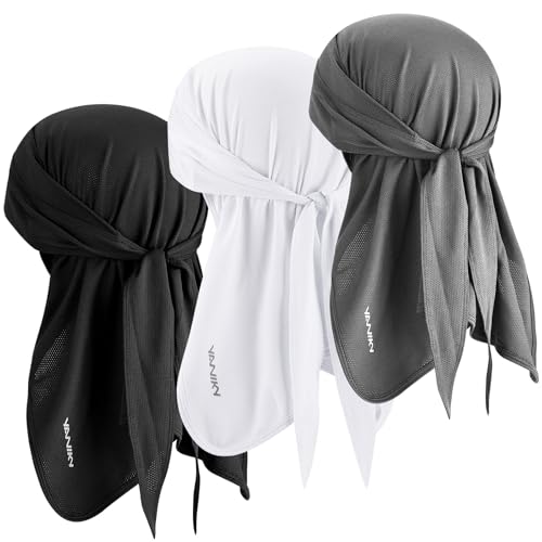 YANIKY Bandanas Do Rag Skull Caps for Men, Women Breathable Helmet Liner, Multifunctional 3 in 1 Face Covering Bandana Hat UV Sun Protection Neck Drape Cycling Hat Durags (Black+White+Gray)