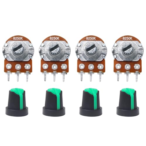 Image of Electronic Spices 250K 3 Pin 14mm Long Round Shaft Rotary Potentiometer Volume Pot 250K with Knob for Multiple Applications (Pack of 4)