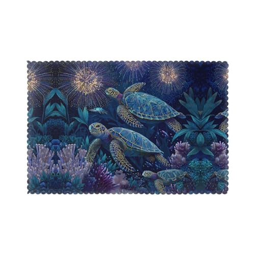 GGNKDL Sea Turtle with Coral Fireworks Pattern Placemats for Dining Table 6-Piece Set Table mat 12x18 in for Kitchen Dining Decoration Washable Easy to Clean