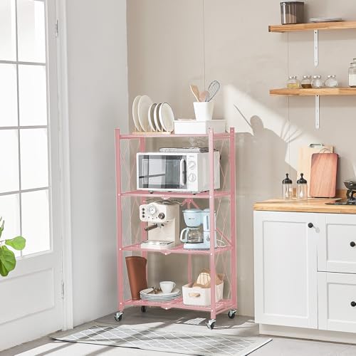 Image of BRIAN & DANY 4-Tier Foldable Storage Shelves with Wheels, Folding Metal Rack Shelving Unit, Heavy Duty No Assembly Organizer Shelf for Garage, Kitchen, Basement, Pantry, Pink
