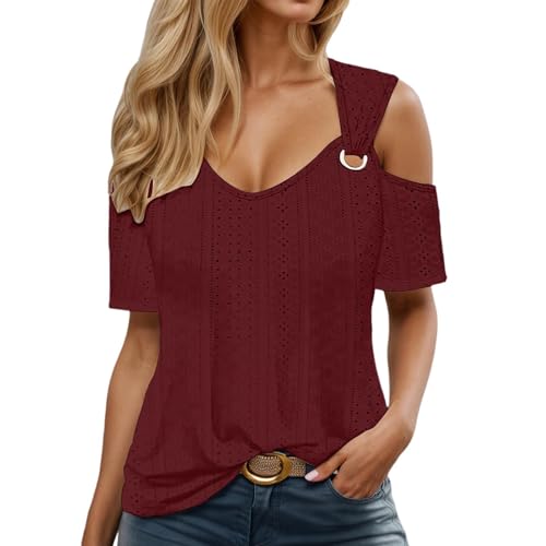 Camiseta informal de manga corta con cuello bardot para una comodidad veraniega y un aspecto moderno, Vino, M
