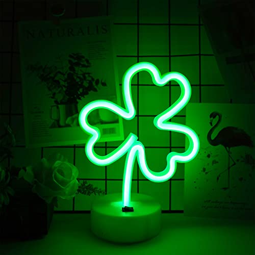 Image of Neon Sign Shamrock Shaped St. Patric's Day Night Light, LoveNite USB & Battery Operated Green Clover Glowing Neon Decorative Irish Shamrock Light Table Decor for Room Party Decorations (3-Clover)