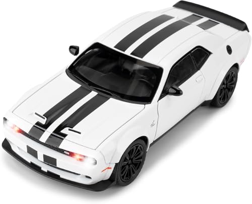 Image of 1:22 Dodge Challenger SRT Hellcat Die Cast Toy Car with Sound Light Pull Back Action Model Vehicle for Kids & Collectors Realistic Design Great Gift for Car Enthusiasts (White)