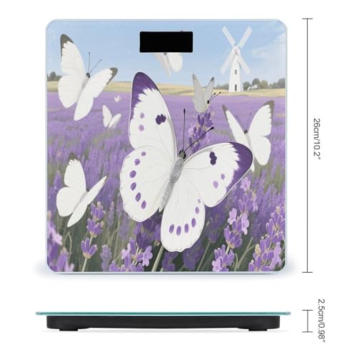 Balanza digital blanca con mariposas moradas 400 lb miniatura 2