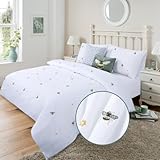 YINFUNG Double Duvet Cover Bee Embroidered White Bedding Cotton Duvet Cover Sets Cute Breathable Quilt Cover with 2 Pillowcases (White, Double 200x200 cm)