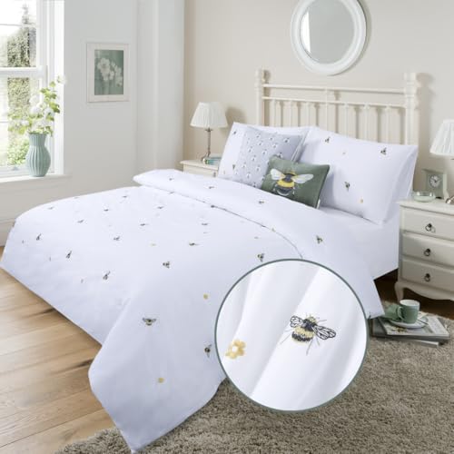 YINFUNG King Size Bee Embroidered Duvet Cover Set White King 3PCS Bed Duvet Set White Quilt Cover Bright Soft Luxury 2 Pillow Cases 50x75 230 x 220 White