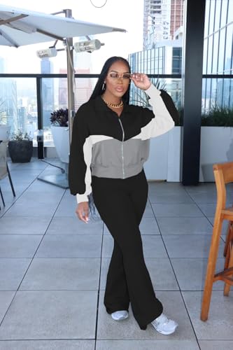 HBQ Women's Color Block 2 Piece Tracksuit Sets Long Sleeve Zip Up Crop Jacket and Flare Pants Casual Y2K Outfit-Black-L3