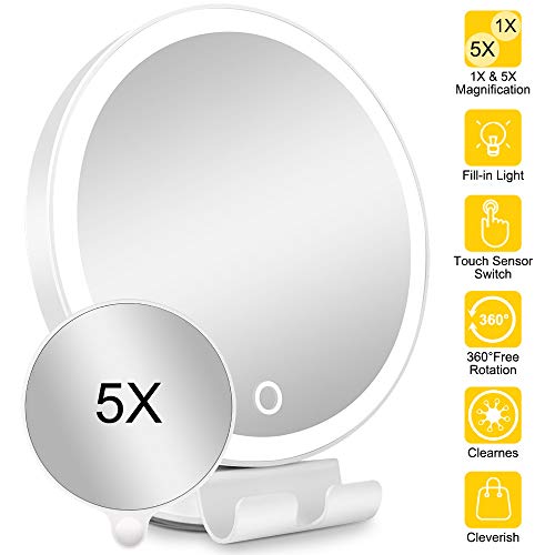 AmnoAmno 1X 5X Magnifying Lighted Vanity Makeup Mirror With Natural White LED, 360 Degree Swivel Rotation and Locking Suction