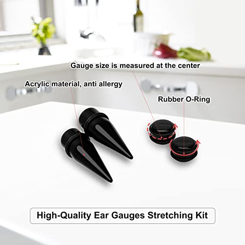 Zhichengbosi 24 Pieces Big Ear Gauges Kit, Acrylic Tapers and Plugs Double O-Rings Stretching Set (Black) - Image 2