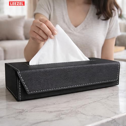 Image of LEEZEL| Tissue Box Holder with 100 Pulls Cotton Rags Tissue | Handcrafted Fine Leather - Like Finish | for Gifting, Office Desks, Cars & Home Decor | Durable & Water Resistant. (Black)