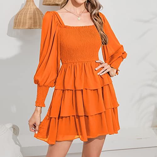 Byinns Women's Square Neck Ruffle Dress Long Sleeve Floral Print Tiered Tie Back Layered Swing Mini Dress #TOP4