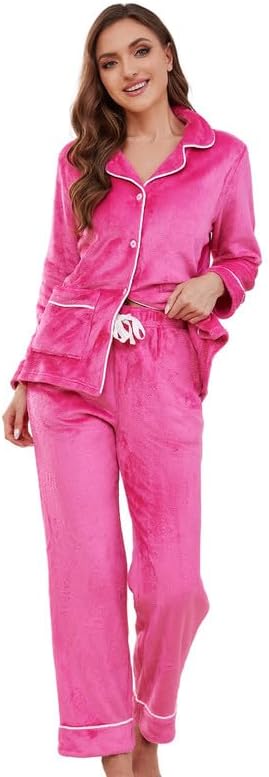 Women Fleece Pajama Set, Long Sleeve Button-Down Soft Comfy Two-Piece Sleepwear Lounge Set
