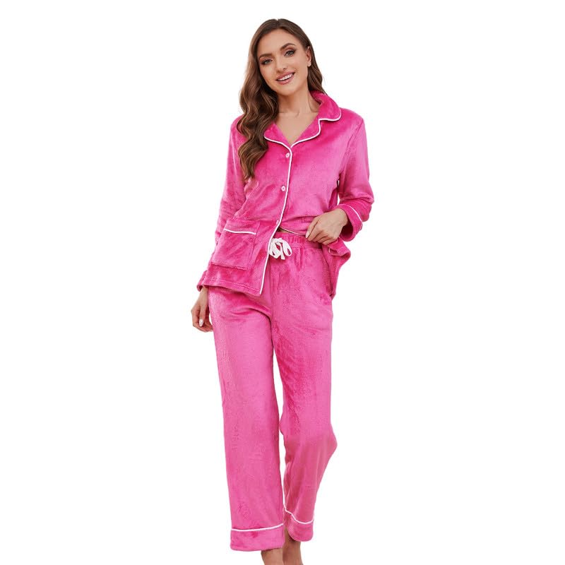 Women Fleece Pajama Set Long Sleeve Button-Down Soft Comfy Two-Piece Sleepwear Lounge Set