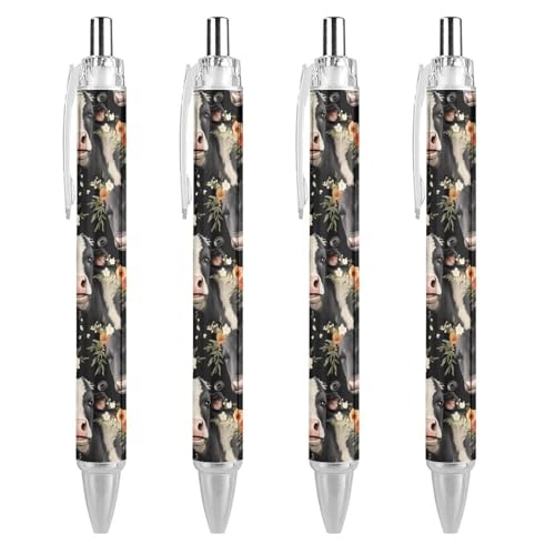 Bolígrafo retráctil de diseño de vaca y flores con punta fina de 0,5 mm para oficina, 4 piezas