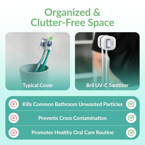 Bril UV-C Toothbrush Cleaner and Holder – Wall Mounted Toothbrush Head Cover, Electric & Manual Brush Cleaner Cover Case with Magnetic Mount, Portable, Durable, Rechargeable, Universal Fit – White