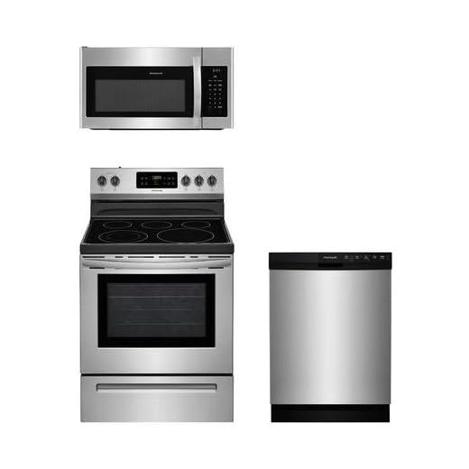 Frigidaire 3-Piece Stainless Steel Kitchen Package with FFEF3054TS 30" Freestanding Electric Range, FFMV1645TS 30" Over-the-Range Microwave and FFBD2412SS 24" Full Console Dishwasher