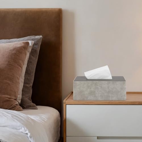 LARENNT PU-Leder Taschentuchbox, 24×12×9cm quadratische Kosmetiktücher Box, Taschentücher Box Spender TissueBox Tücherbox für Zuhause, Bad, Wohnzimmer, Schlafzimmer, Auto, Büro (Grau & Holzmaserung)