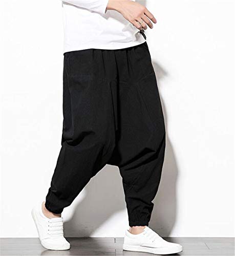 HZCX FASHION Men's Vintage Cotton Blends Linen Drop Crotch Jogging Harem Pants4