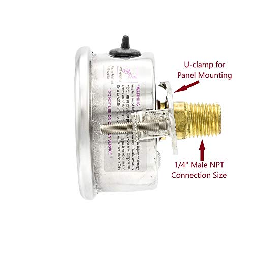 Pic Gauge 203L-204B 2" Dial, 0/15 Psi Range, 1/4" Male Npt Connection Size, U-Clamp Panel Mount Glycerine Filled Pressure Gauge With A Stainless Steel Case, Brass Internals, Stainless Steel Bezel, And Polycarbonate Lens #TOP1