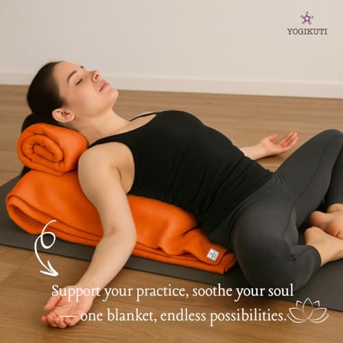 Image of Yogikuti Cotton Iyengar Yoga Blanket | Soft Breathable Yoga Support Blanket for Restorative & Iyengar Yoga, Meditation, Pranayama Practice | Yoga Accessories & Props (Orange)