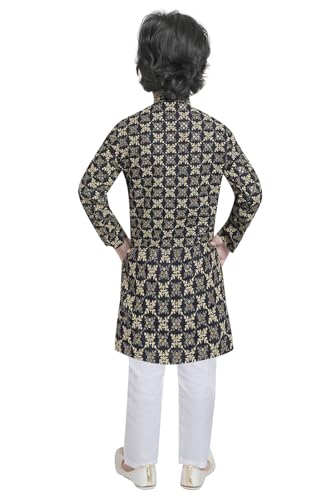 Image of TinySteps Boys' Ethnic Wear - Cotton Lakhnavi Chikan Kurta with Golden Sequence Work and Elastic Waist White Cotton Pajama - Festive & Wedding Outfit