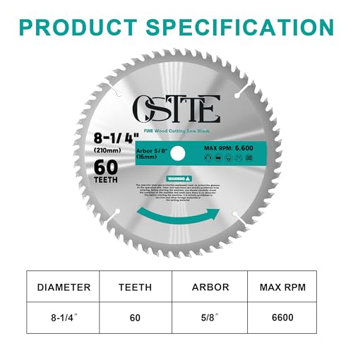 Image of 8-1 /4 Inch 60T Circular Saw Blade, 5 /8 inch Arbor | ATB Teeth for Smooth Wood Crosscuts, Carbide Tipped, Clean Cuts in Hardwood, Softwood, MDF & Plywood