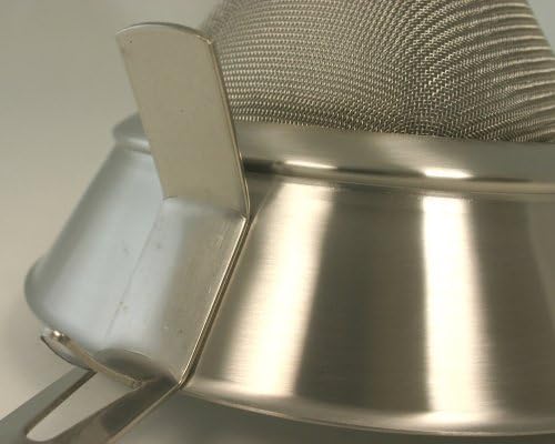 Close-up view of the curved pot rest hook on the Paderno World Cuisine 9-1/2-Inch Double Mesh Bouillon Strainer.