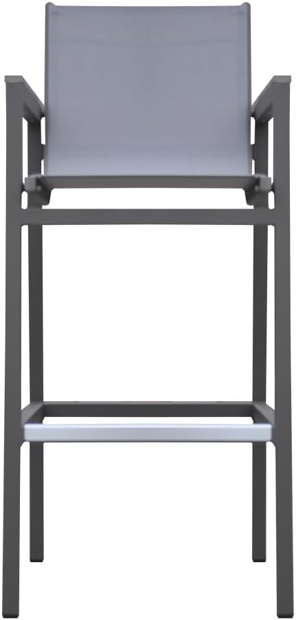 Premium Outdoor Patio Barstool with Powder Coated Metal Frame, Textilene Sling Seat, and Natural Wood Accent Arms for Backyard or Deck Use