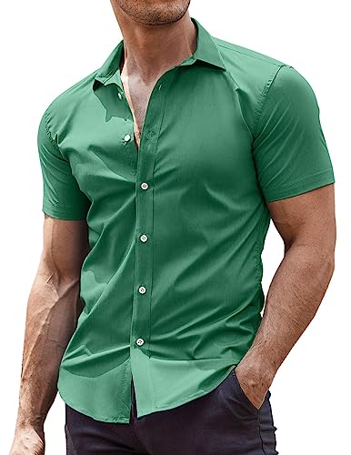 COOFANDY Men's Muscle Fit Dress Shirts Wrinkle-Free Short Sleeve Casual Button Down Shirt Ocean Mist