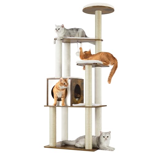 Feandrea Cat Tree, 64.6-Inch Modern Cat Tower, Multi-Level Condo with 5 Scratching Posts, Perch, Washable Removable Cushions, Cave, Rustic Brown UPCT166X01