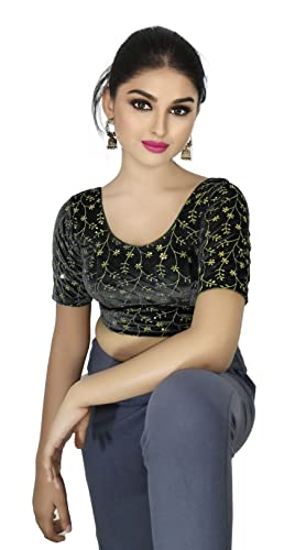 Image of PU Fashion Stylish Golden Embroidery Work Readymade Stretchable Velvet Blouse - Soft Breathable Fabric, Saree Blouse for Women