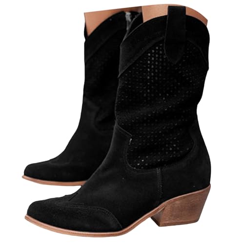 Sunnyuk damen cowboystiefel 42, Stiefeletten Damen Wildleder Cowboystiefel Spitz Halbstiefel Cowboy Westernstiefel Absatz Elegant Ankle Boots Damenstiefeletten Klassisch Halbhoch Stiefel Damenstiefel