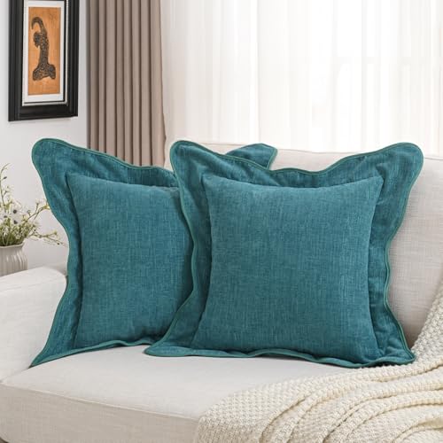 FUTEI Pack of 2 Solid Scalloped Bordered Throw Pillow Covers 20x20 Inch Soft Chenille Decorative Cushion Cases Farmhouse Accent for Couch Bed Living Room, Teal by FUTEI - Used condition - US$19.00