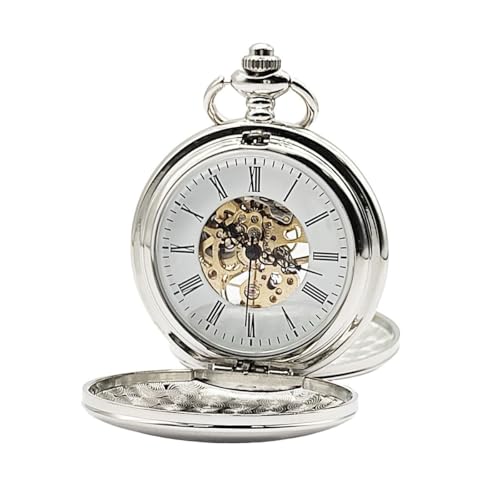【ノーブランド品】- 鏡面白銀 - 手巻き式 懐中時計 両面蓋 両面 スケルトン ホワイト シルバー ダブル クラムシェル