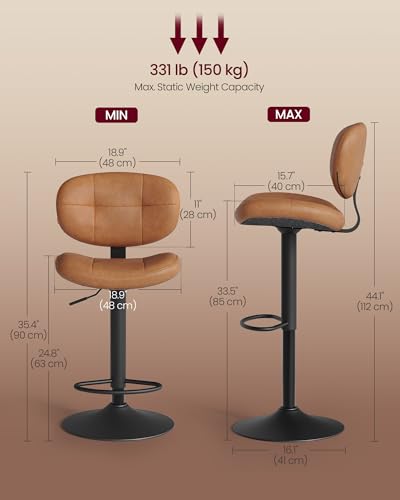 Image of VASAGLE Bar Stools Set of 4, Height Adjustable Kitchen Barstools, Swivel Bar Chairs with Back and Footrest, Quilt PU Leather Surface, Dining Room, Counter, Steel, Caramel Brown ULJB150K101S-2J