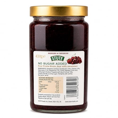 Image of Stute Cherries & Berries Jam 430g | No Sugar Added | 90% Less Sugar & 30% Less Calories | Diabetic Friendly | Imported from UK