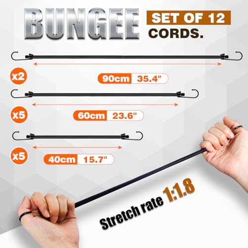 GINKGO 12er-Pack Expander mit Haken – Extra Starke Spanngummis, max. 35 kg Belastbarkeit, elastische Gepäckspanner in Langer & kurzer Ausführung für Camping, Outdoor, Gepäck, Zelte & Fahrräder