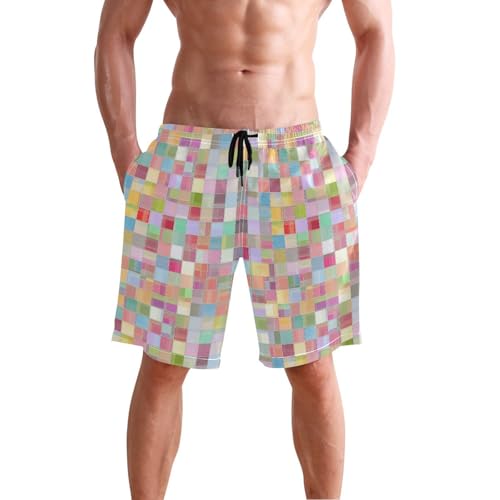 Quick Dry Colorful Squares Men's Swimming Shorts Swim Trunks with Mesh Lining Beach Wear - S