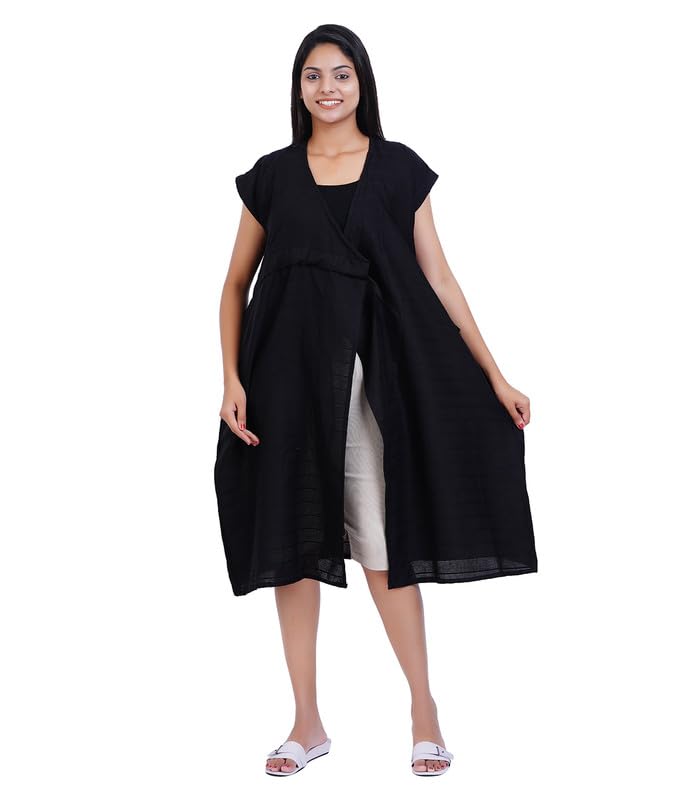 Image of MENMAII Wrap Dress [Size - L- 4XL ] - Full Open Multipurpose Night Gown -a Kind of Adaptive Clothing with Pocket for Women [Black -XL /Knee Length ]