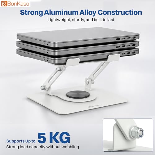 Image of BonKaso 360 Rotating Metal Laptop Stand, Height & Angle Adjustable, Foldable Design, Carbon Steel Build, Ventilated Cooling, Supports Up to 5kg, Compatible with Laptops & MacBook (Up to 17.3 inch) |White