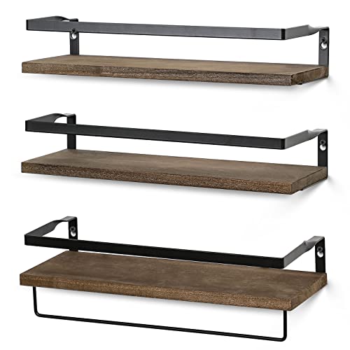 Set Of 3, Wall Floating Bathroom Shelves With 1 Towel Bar - Wall Mounted Hanging Shelf For Bedroom, Living Room, Kitchen Storage Organizer - Rustic Farmhouse Bathroom Home Decor Clearance - Dark Brown #TOP3