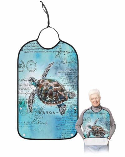 Ocean Turtle Adult Bib for Adults Men,Women,Vintage Coastal Nautical Aquatic Animals Turquoise Washable & Adjustable Terry Cloth Bib with Crumb Catcher Reusable Clothing Clothes Protector Apron