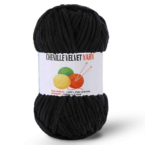 Image of Fluffy Chenille Yarn for Crocheting, Chunky Velvet Yarn for Crochet Amigurumi, Used for Making Baby Yarns Blanket, Clothes, Pattern Knitting Creations (1-Black)