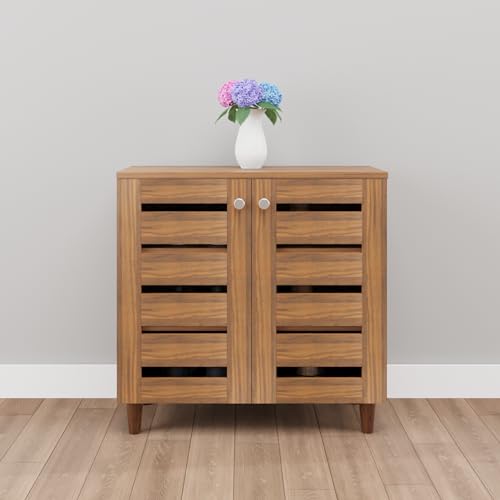 Image of VIKI Shoe Rack, Width 73cms, Brussel Walnut Colour | Pattern Ventilated Doors, Shoe Storage Cabinet for Hallway, Organizer Unit for Entryway, 1 Year Warranty