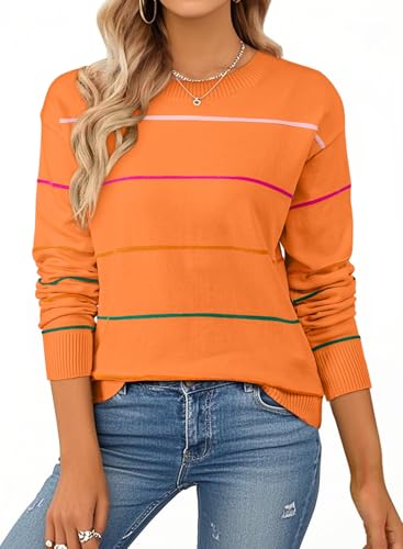 SHEWIN Womens Sweaters Crew Neck Striped Sweater Women Lightweight Womens