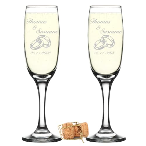 Lot de 2 flûtes à champagne gravées de noms et dates - Cadeau de mariage personnalisé pour les mariés - Verres à champagne comme idée de cadeau d'argent...