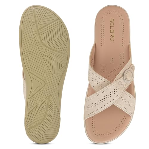 Image of SELBRO Women's Comfort Slip-On Sandals - Lightweight Criss-Cross Strap Flats with Laser-Cut Detail and Cushioned Footbed - Stylish Everyday Walking Flats SAR-CHD126